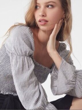 Urban Outfitters Gray Gingham Smocked Peasant Blouse